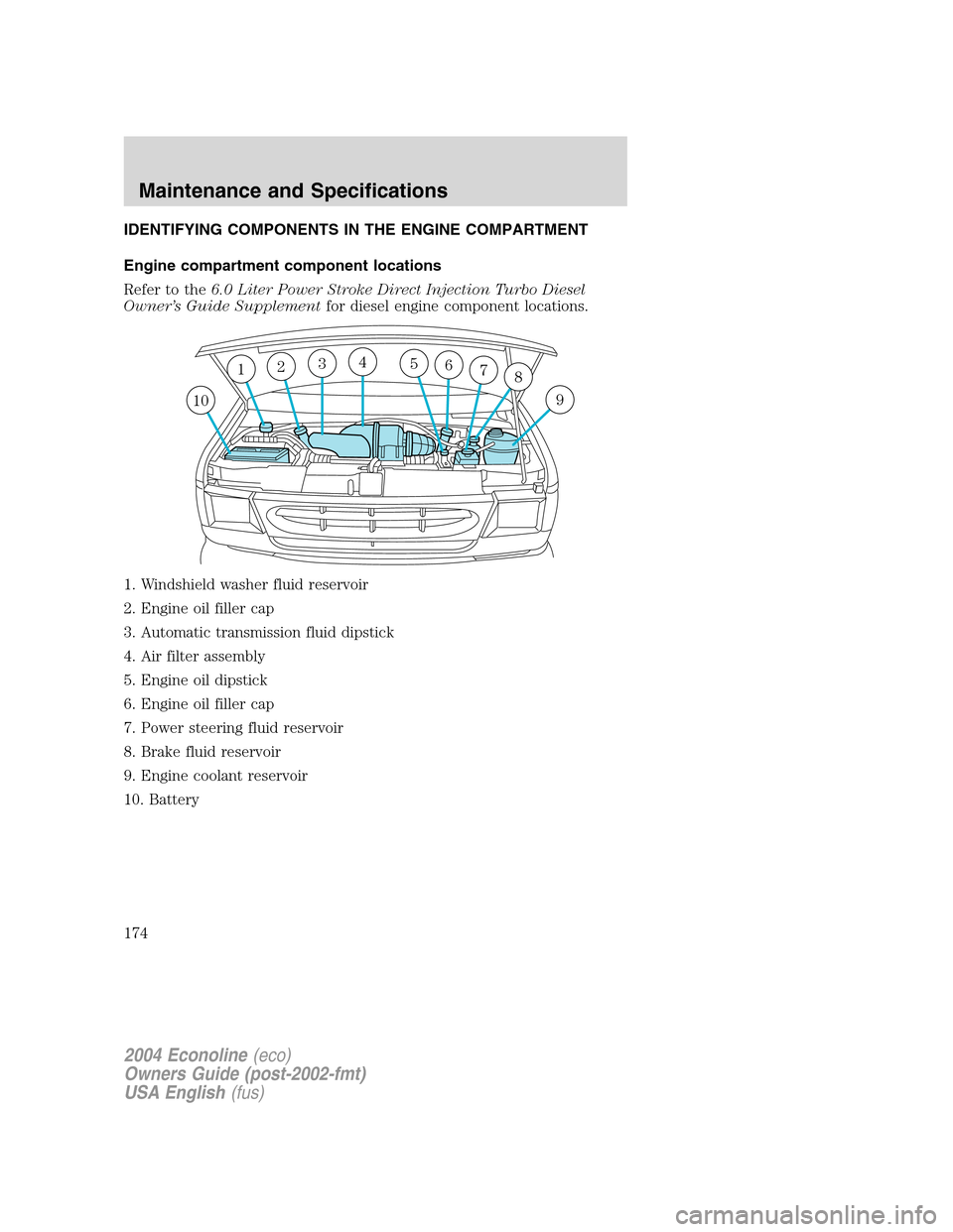 FORD E SERIES 2004 4.G Owners Manual IDENTIFYING COMPONENTS IN THE ENGINE COMPARTMENT
Engine compartment component locations
Refer to the6.0 Liter Power Stroke Direct Injection Turbo Diesel
Owner’s Guide Supplementfor diesel engine com FORD E SERIES 2004 4.G Owners Manual IDENTIFYING COMPONENTS IN THE ENGINE COMPARTMENT
Engine compartment component locations
Refer to the6.0 Liter Power Stroke Direct Injection Turbo Diesel
Owner’s Guide Supplementfor diesel engine com