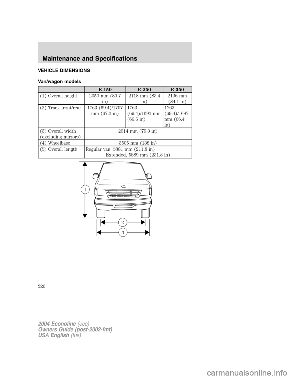 FORD E SERIES 2004 4.G Owners Manual VEHICLE DIMENSIONS
Van/wagon models
E-150 E-250 E-350
(1) Overall height 2050 mm (80.7
in)2118 mm (83.4
in)2136 mm
(84.1 in)
(2) Track front/rear 1763 (69.4)/1707
mm (67.2 in)1763
(69.4)/1692 mm
(66.6
