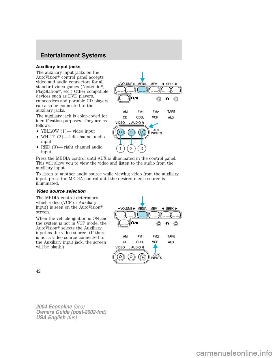 FORD E SERIES 2004 4.G Owners Manual Auxiliary input jacks
The auxiliary input jacks on the
AutoVisioncontrol panel accepts
video and audio connectors for all
standard video games (Nintendo,
PlayStation, etc.) Other compatible
devices