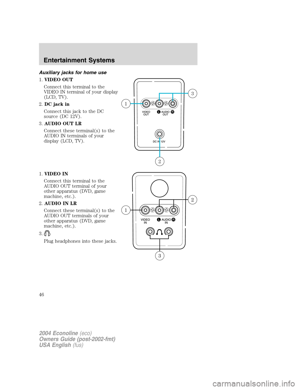 FORD E SERIES 2004 4.G Service Manual Auxiliary jacks for home use
1.VIDEO OUT
Connect this terminal to the
VIDEO IN terminal of your display
(LCD, TV).
2.DC jack in
Connect this jack to the DC
source (DC 12V).
3.AUDIO OUT LR
Connect thes