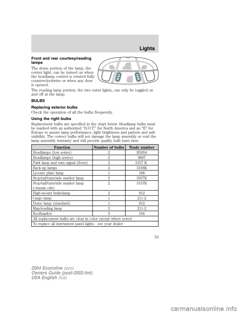 FORD E SERIES 2004 4.G Owners Manual Front and rear courtesy/reading
lamps
The dome portion of the lamp, the
center light, can be turned on when
the headlamp control is rotated fully
counterclockwise or when any door
is opened.
The readi FORD E SERIES 2004 4.G Owners Manual Front and rear courtesy/reading
lamps
The dome portion of the lamp, the
center light, can be turned on when
the headlamp control is rotated fully
counterclockwise or when any door
is opened.
The readi