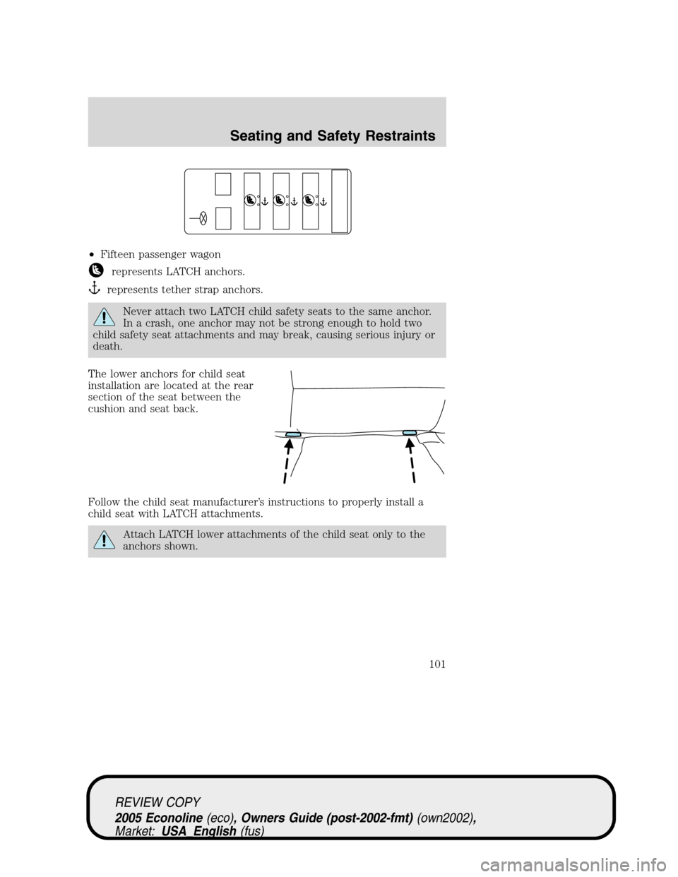 FORD E SERIES 2005 4.G Owners Manual •Fifteen passenger wagon
represents LATCH anchors.
represents tether strap anchors.
Never attach two LATCH child safety seats to the same anchor.
In a crash, one anchor may not be strong enough to h FORD E SERIES 2005 4.G Owners Manual •Fifteen passenger wagon
represents LATCH anchors.
represents tether strap anchors.
Never attach two LATCH child safety seats to the same anchor.
In a crash, one anchor may not be strong enough to h