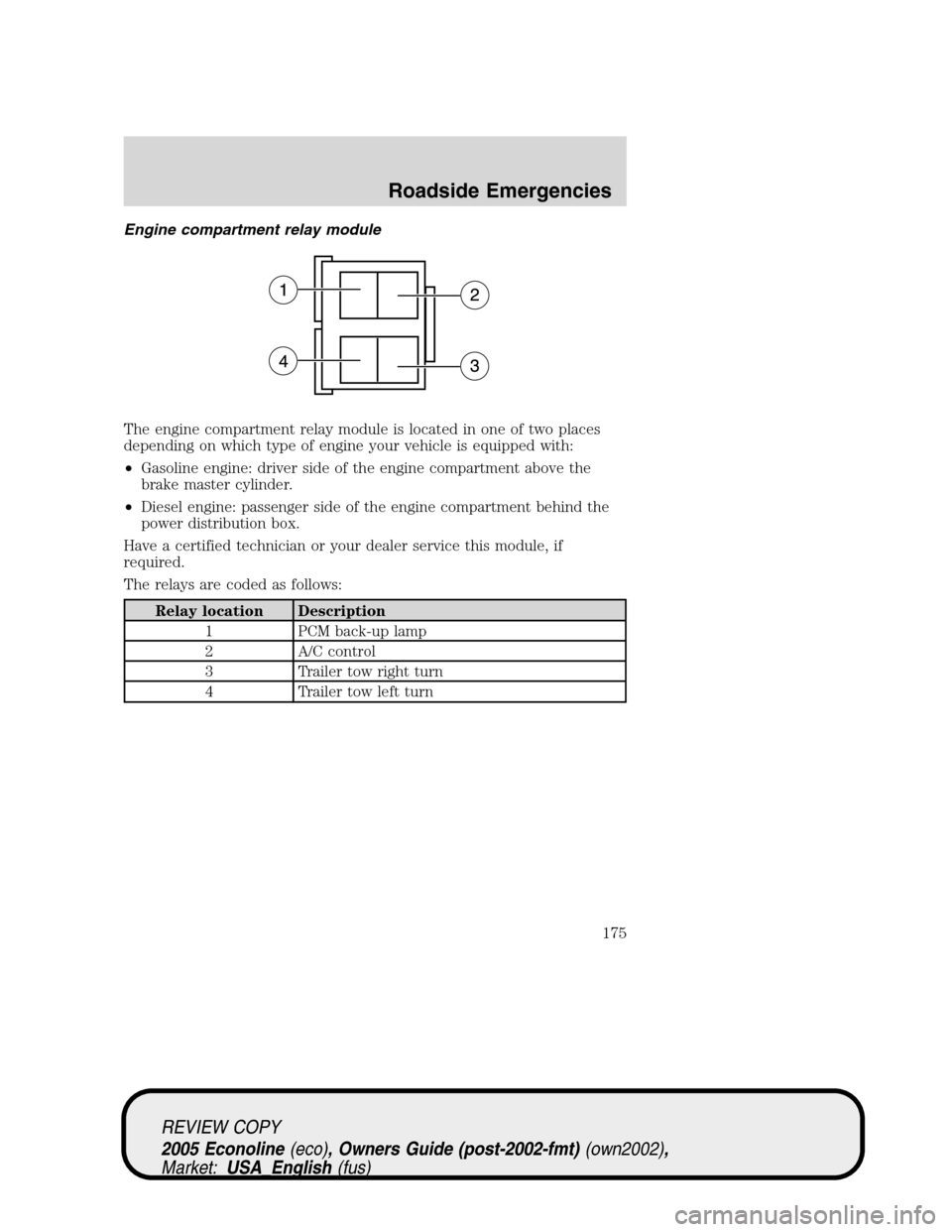 FORD E SERIES 2005 4.G Owners Manual Engine compartment relay module
The engine compartment relay module is located in one of two places
depending on which type of engine your vehicle is equipped with:
•Gasoline engine: driver side of FORD E SERIES 2005 4.G Owners Manual Engine compartment relay module
The engine compartment relay module is located in one of two places
depending on which type of engine your vehicle is equipped with:
•Gasoline engine: driver side of