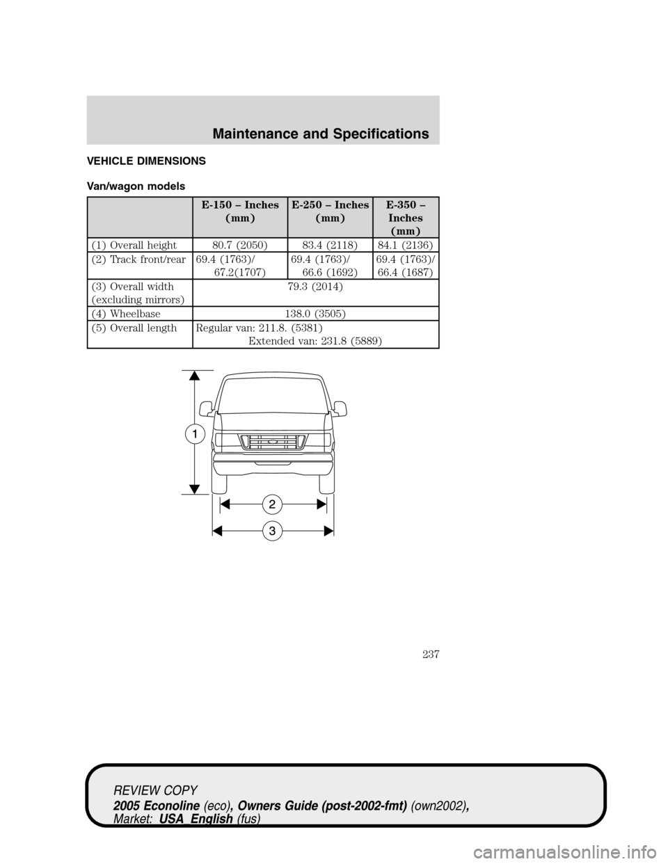 FORD E SERIES 2005 4.G Owners Manual VEHICLE DIMENSIONS
Van/wagon models
E-150 – Inches
(mm)E-250 – Inches
(mm)E-350 –
Inches
(mm)
(1) Overall height 80.7 (2050) 83.4 (2118) 84.1 (2136)
(2) Track front/rear 69.4 (1763)/
67.2(1707)6
