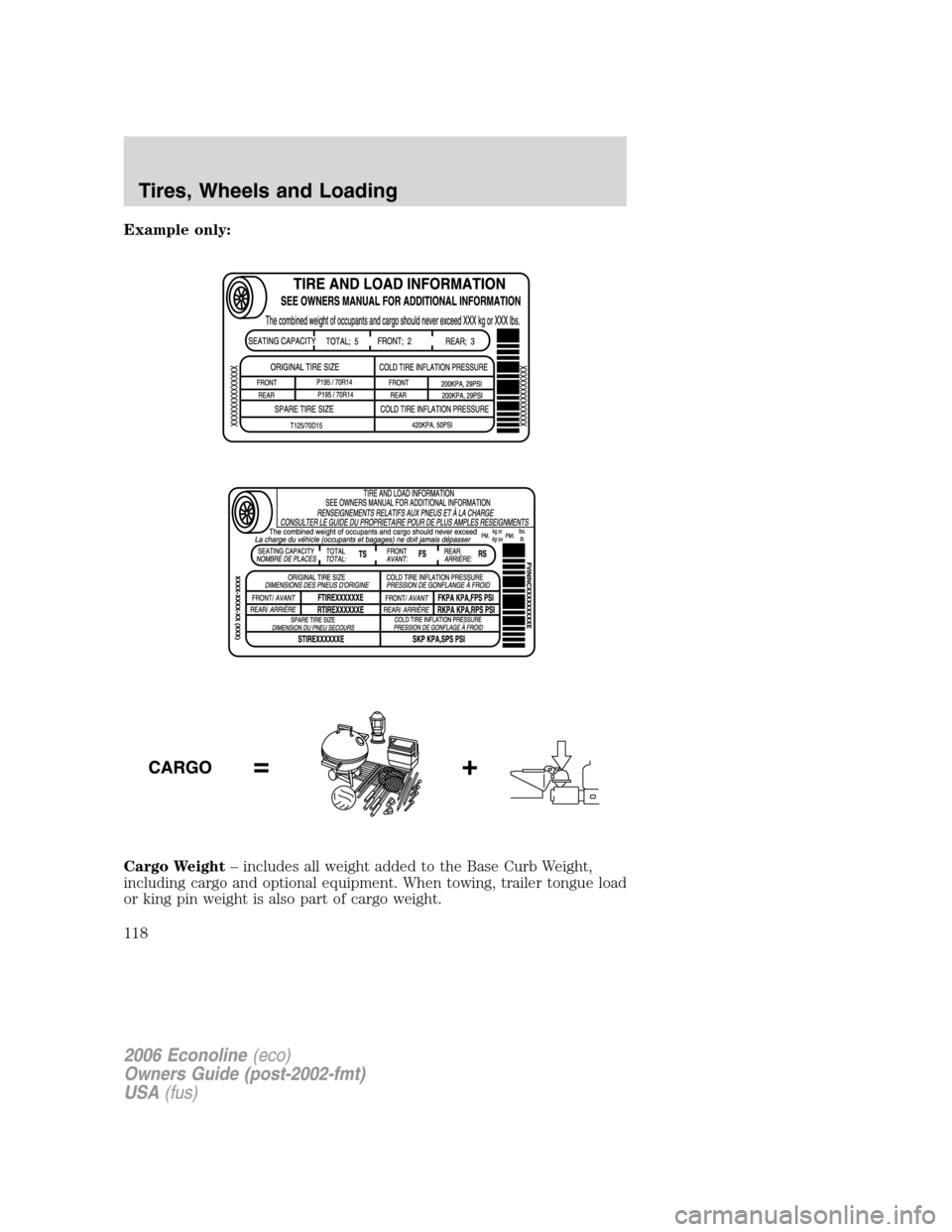 FORD E SERIES 2006 4.G User Guide Example only:
Cargo Weight– includes all weight added to the Base Curb Weight,
including cargo and optional equipment. When towing, trailer tongue load
or king pin weight is also part of cargo weigh