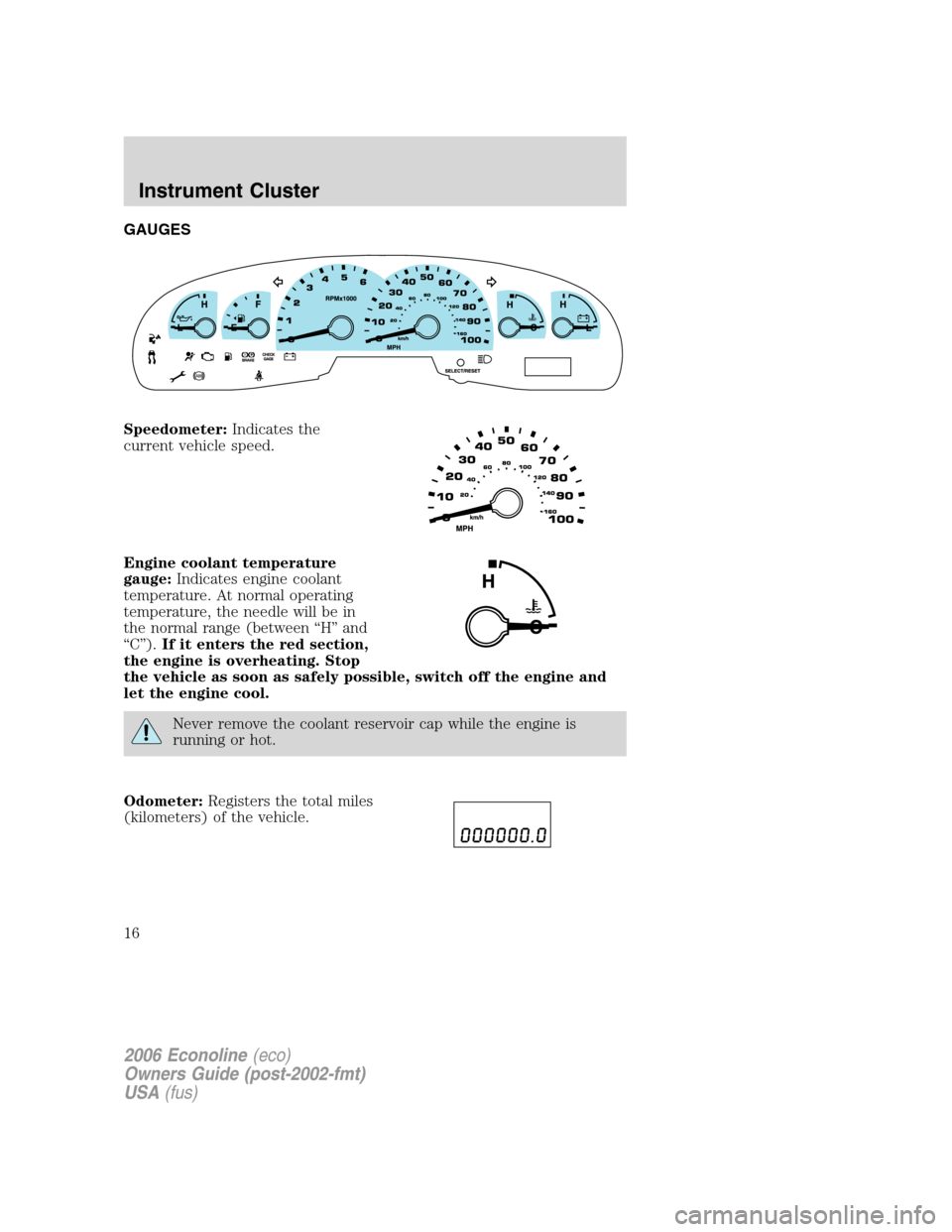 FORD E SERIES 2006 4.G Owners Manual GAUGES
Speedometer:Indicates the
current vehicle speed.
Engine coolant temperature
gauge:Indicates engine coolant
temperature. At normal operating
temperature, the needle will be in
the normal range (