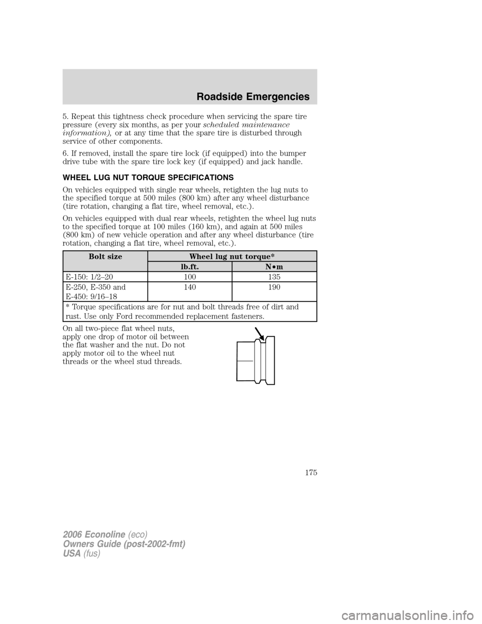 FORD E SERIES 2006 4.G Owners Manual 5. Repeat this tightness check procedure when servicing the spare tire
pressure (every six months, as per yourscheduled maintenance
information),or at any time that the spare tire is disturbed through FORD E SERIES 2006 4.G Owners Manual 5. Repeat this tightness check procedure when servicing the spare tire
pressure (every six months, as per yourscheduled maintenance
information),or at any time that the spare tire is disturbed through