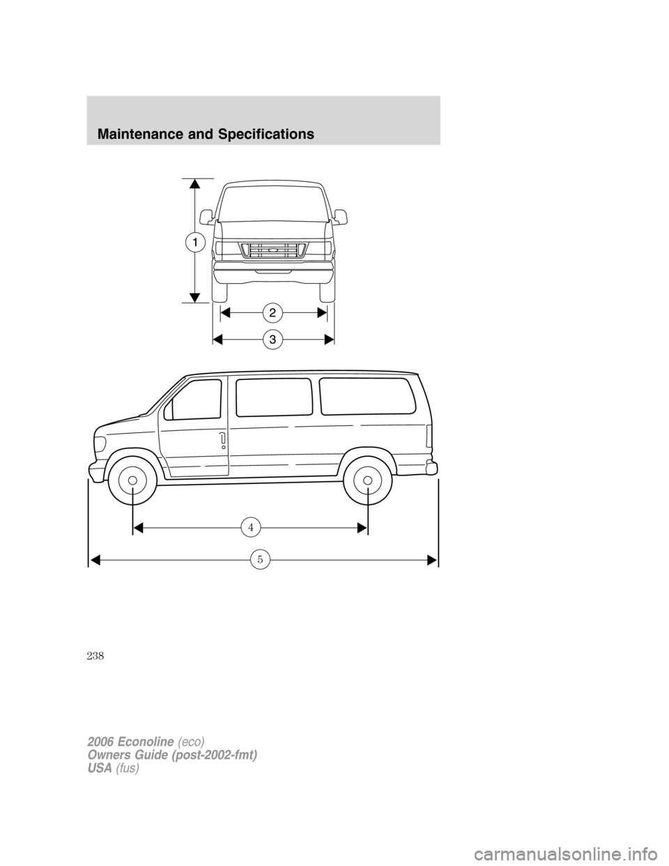 FORD E SERIES 2006 4.G Owners Manual 4
5
2006 Econoline(eco)
Owners Guide (post-2002-fmt)
USA(fus)
Maintenance and Specifications
238 