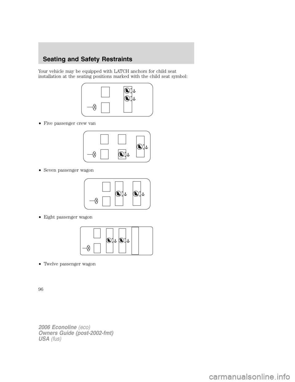 FORD E SERIES 2006 4.G Owners Manual Your vehicle may be equipped with LATCH anchors for child seat
installation at the seating positions marked with the child seat symbol:
•Five passenger crew van
•Seven passenger wagon
•Eight pas FORD E SERIES 2006 4.G Owners Manual Your vehicle may be equipped with LATCH anchors for child seat
installation at the seating positions marked with the child seat symbol:
•Five passenger crew van
•Seven passenger wagon
•Eight pas