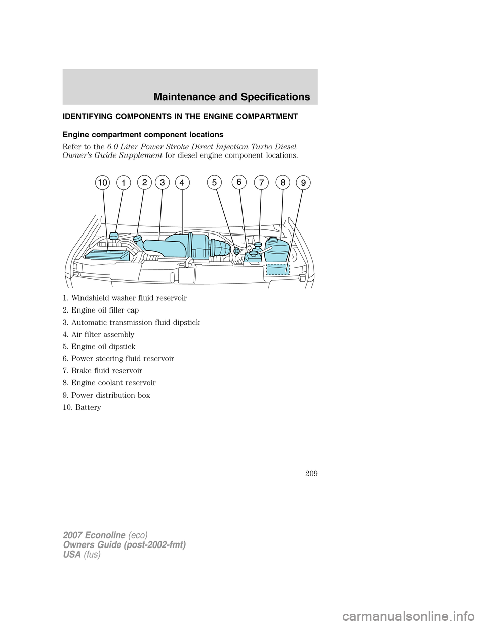 FORD E SERIES 2007 4.G Owners Manual IDENTIFYING COMPONENTS IN THE ENGINE COMPARTMENT
Engine compartment component locations
Refer to the6.0 Liter Power Stroke Direct Injection Turbo Diesel
Owner’s Guide Supplementfor diesel engine com