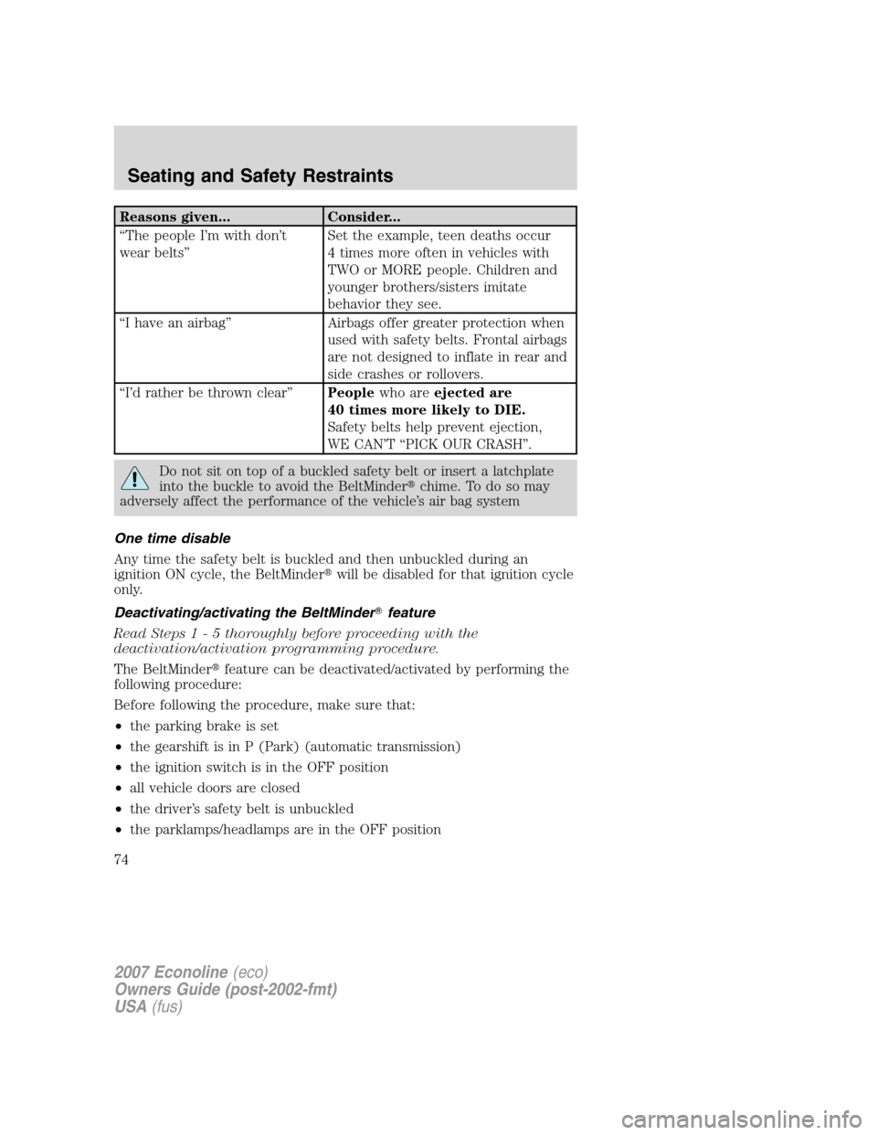 FORD E SERIES 2007 4.G Owners Manual Reasons given... Consider...
“The people I’m with don’t
wear belts”Set the example, teen deaths occur
4 times more often in vehicles with
TWO or MORE people. Children and
younger brothers/sist