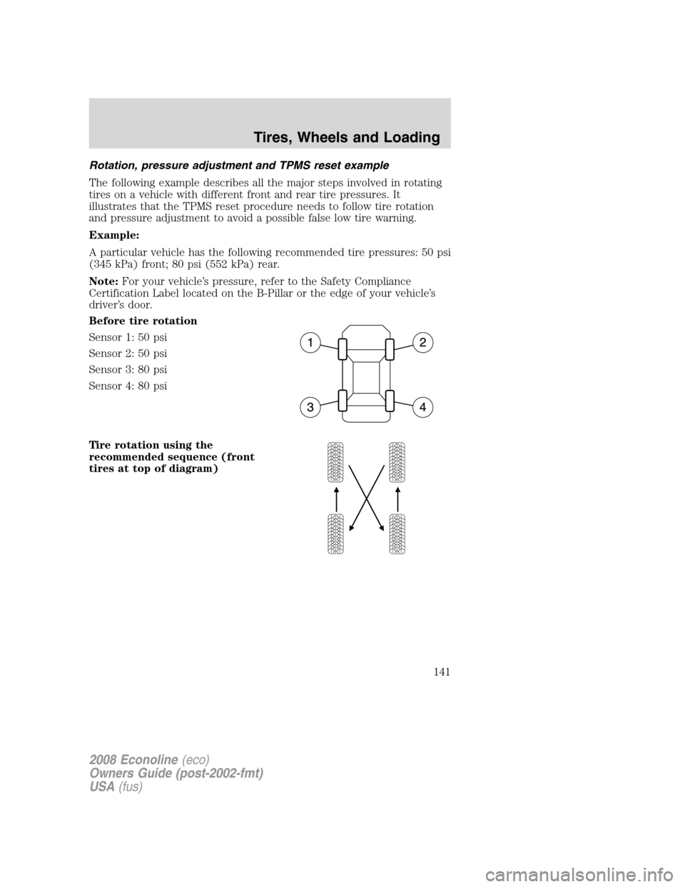 FORD E SERIES 2008 4.G Owners Manual Rotation, pressure adjustment and TPMS reset example
The following example describes all the major steps involved in rotating
tires on a vehicle with different front and rear tire pressures. It
illust FORD E SERIES 2008 4.G Owners Manual Rotation, pressure adjustment and TPMS reset example
The following example describes all the major steps involved in rotating
tires on a vehicle with different front and rear tire pressures. It
illust
