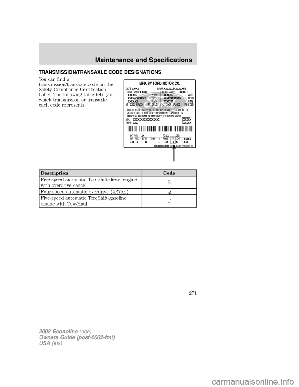 FORD E SERIES 2008 4.G Owners Manual TRANSMISSION/TRANSAXLE CODE DESIGNATIONS
You can find a
transmission/transaxle code on the
Safety Compliance Certification
Label. The following table tells you
which transmission or transaxle
each cod