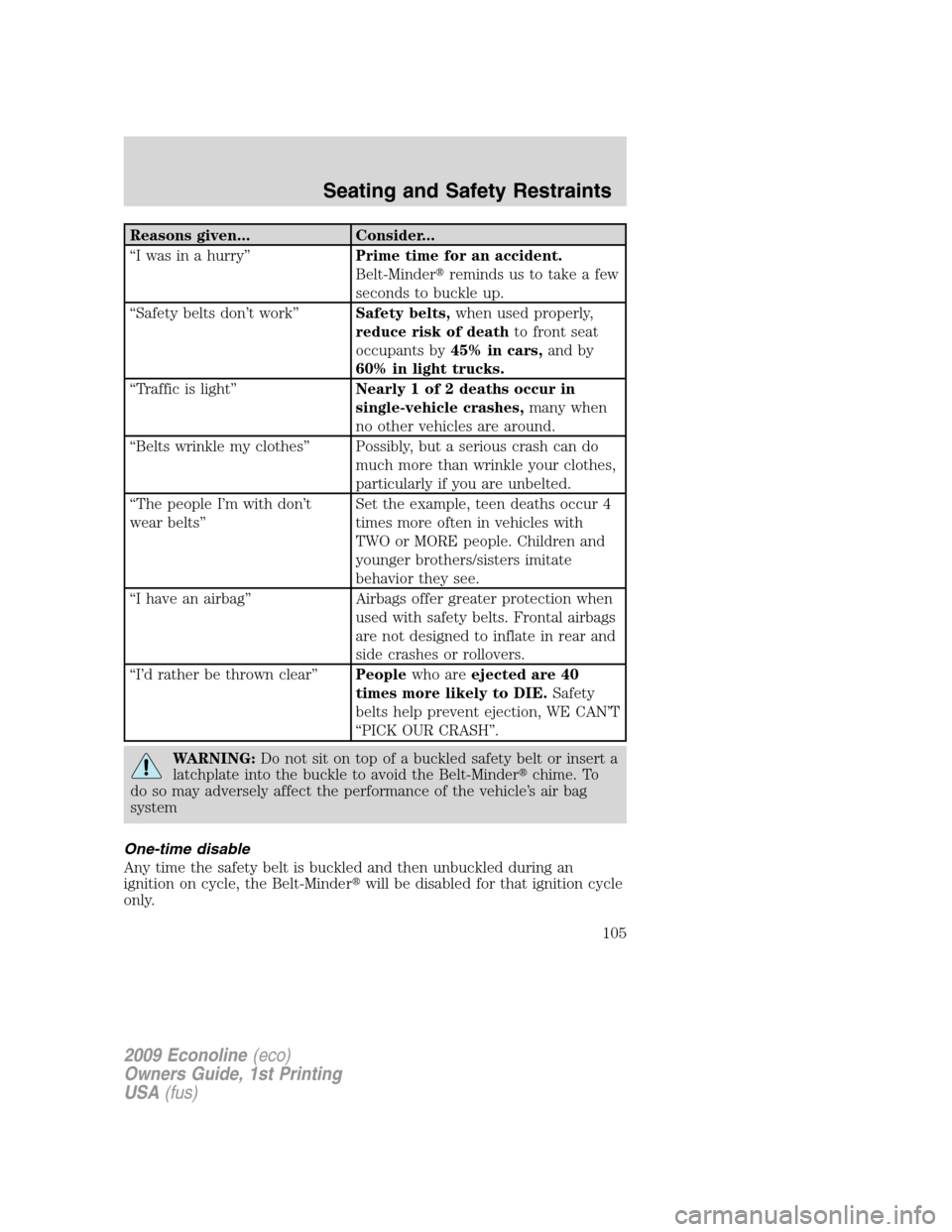 FORD E SERIES 2009 4.G Owners Manual Reasons given... Consider...
“I was in a hurry”Prime time for an accident.
Belt-Minderreminds us to take a few
seconds to buckle up.
“Safety belts don’t work”Safety belts,when used properly
