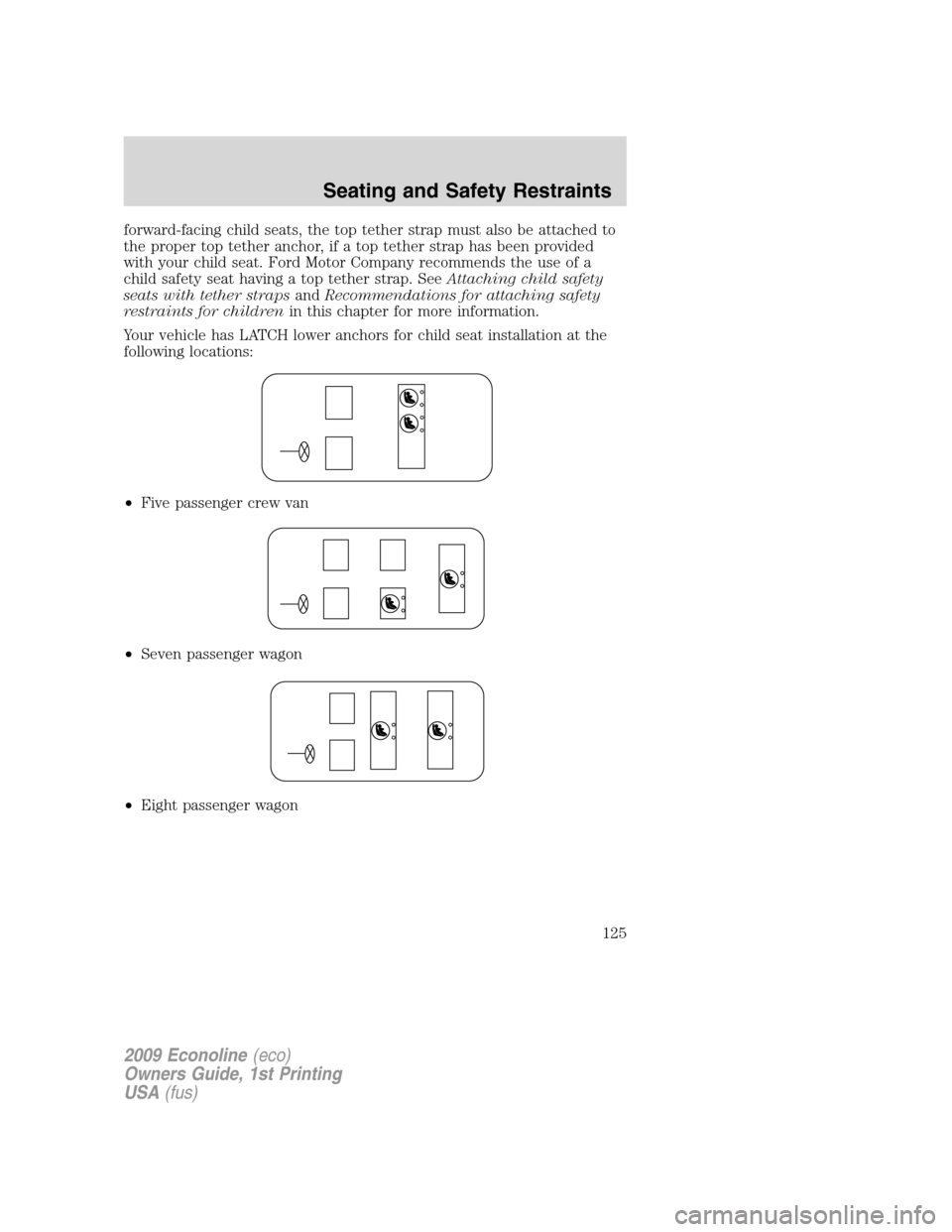 FORD E SERIES 2009 4.G Owners Manual forward-facing child seats, the top tether strap must also be attached to
the proper top tether anchor, if a top tether strap has been provided
with your child seat. Ford Motor Company recommends the FORD E SERIES 2009 4.G Owners Manual forward-facing child seats, the top tether strap must also be attached to
the proper top tether anchor, if a top tether strap has been provided
with your child seat. Ford Motor Company recommends the