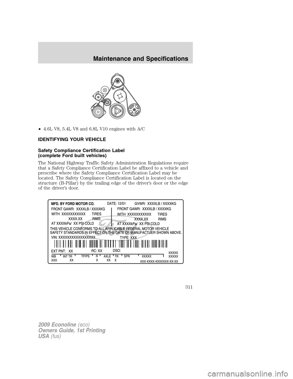 FORD E SERIES 2009 4.G Owners Manual •4.6L V8, 5.4L V8 and 6.8L V10 engines with A/C
IDENTIFYING YOUR VEHICLE
Safety Compliance Certification Label
(complete Ford built vehicles)
The National Highway Traffic Safety Administration Regul