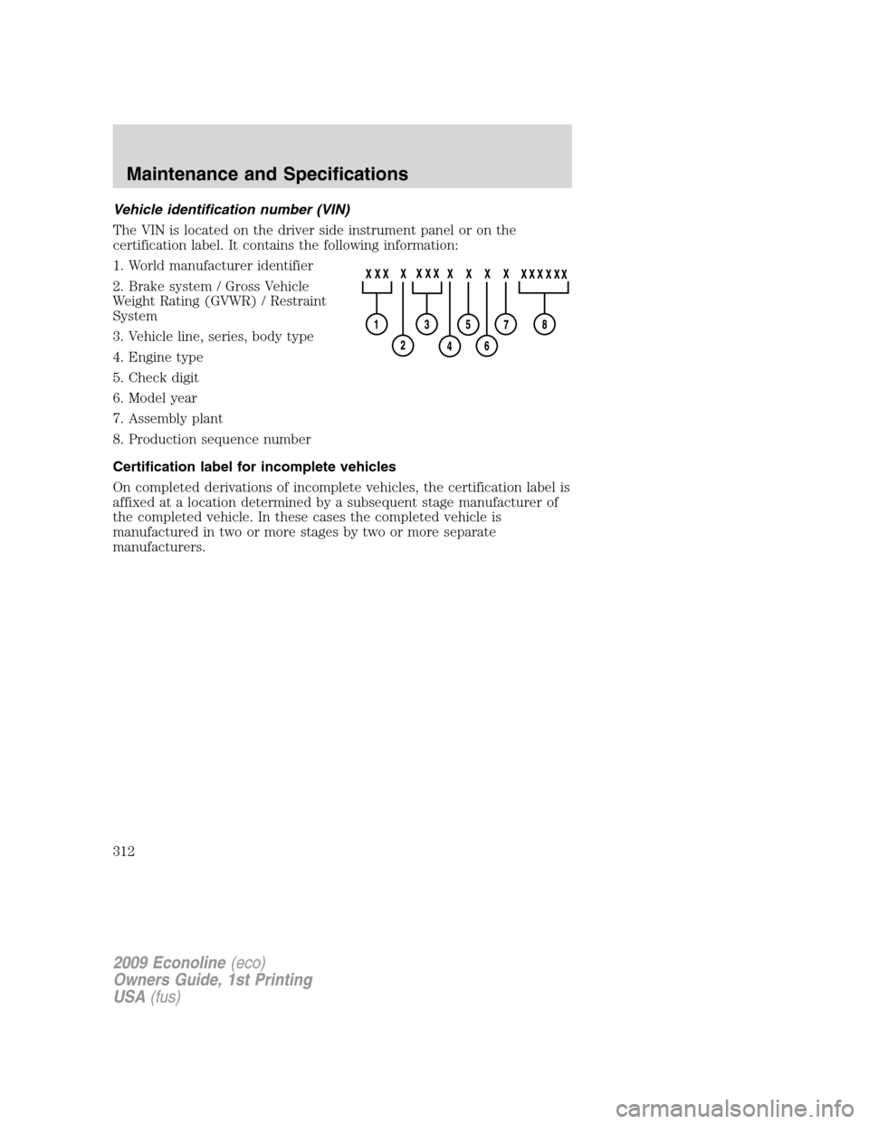 FORD E SERIES 2009 4.G Owners Guide Vehicle identification number (VIN)
The VIN is located on the driver side instrument panel or on the
certification label. It contains the following information:
1. World manufacturer identifier
2. Bra FORD E SERIES 2009 4.G Owners Guide Vehicle identification number (VIN)
The VIN is located on the driver side instrument panel or on the
certification label. It contains the following information:
1. World manufacturer identifier
2. Bra