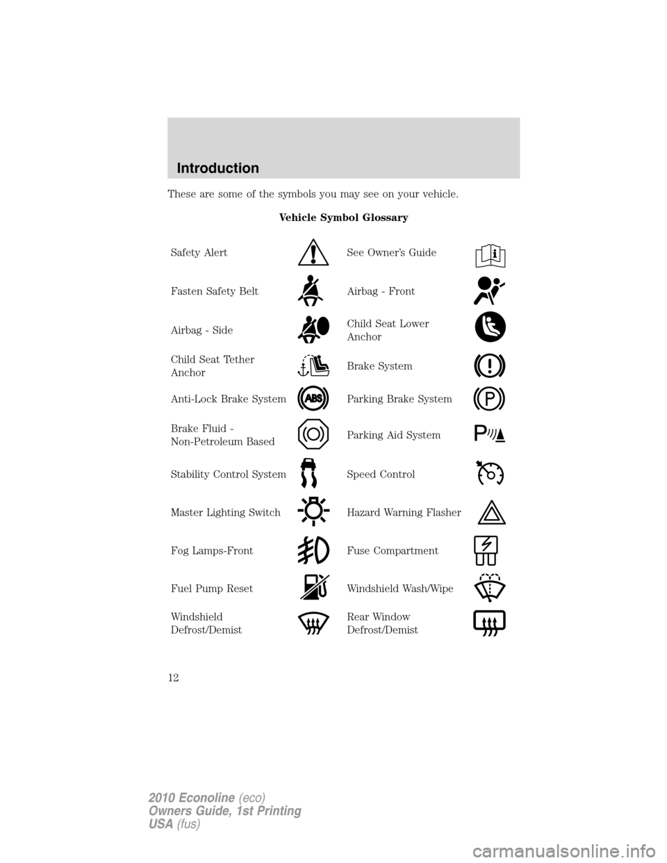 FORD E SERIES 2010 4.G Owners Manual These are some of the symbols you may see on your vehicle.
Vehicle Symbol Glossary
Safety Alert
See Owner’s Guide
Fasten Safety BeltAirbag - Front
Airbag - SideChild Seat Lower
Anchor
Child Seat Tet FORD E SERIES 2010 4.G Owners Manual These are some of the symbols you may see on your vehicle.
Vehicle Symbol Glossary
Safety Alert
See Owner’s Guide
Fasten Safety BeltAirbag - Front
Airbag - SideChild Seat Lower
Anchor
Child Seat Tet