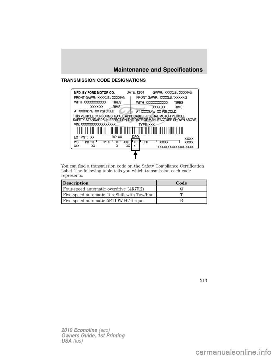 FORD E SERIES 2010 4.G Owners Manual TRANSMISSION CODE DESIGNATIONS
You can find a transmission code on the Safety Compliance Certification
Label. The following table tells you which transmission each code
represents.
Description Code
Fo