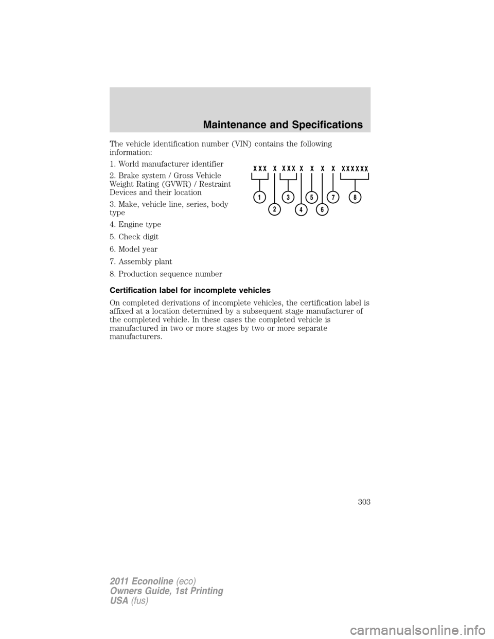 FORD E SERIES 2011 4.G Owners Manual The vehicle identification number (VIN) contains the following
information:
1. World manufacturer identifier
2. Brake system / Gross Vehicle
Weight Rating (GVWR) / Restraint
Devices and their location FORD E SERIES 2011 4.G Owners Manual The vehicle identification number (VIN) contains the following
information:
1. World manufacturer identifier
2. Brake system / Gross Vehicle
Weight Rating (GVWR) / Restraint
Devices and their location