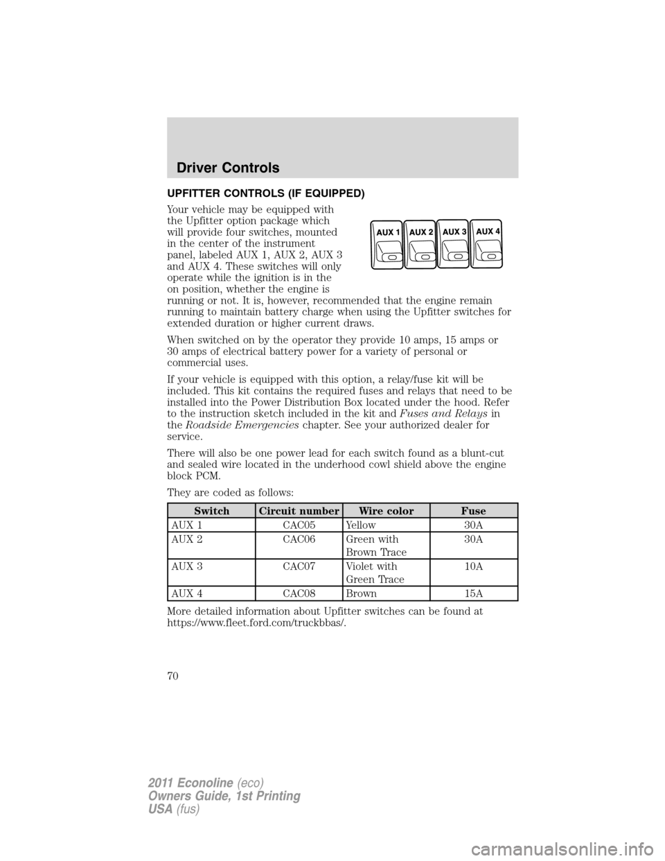FORD E SERIES 2011 4.G Repair Manual UPFITTER CONTROLS (IF EQUIPPED)
Your vehicle may be equipped with
the Upfitter option package which
will provide four switches, mounted
in the center of the instrument
panel, labeled AUX 1, AUX 2, AUX FORD E SERIES 2011 4.G Repair Manual UPFITTER CONTROLS (IF EQUIPPED)
Your vehicle may be equipped with
the Upfitter option package which
will provide four switches, mounted
in the center of the instrument
panel, labeled AUX 1, AUX 2, AUX