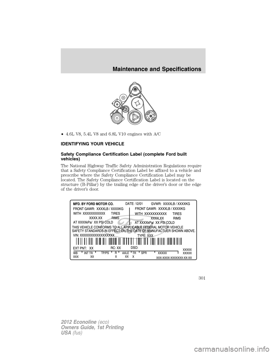 FORD E SERIES 2012 4.G Owners Manual •4.6L V8, 5.4L V8 and 6.8L V10 engines with A/C
IDENTIFYING YOUR VEHICLE
Safety Compliance Certification Label (complete Ford built
vehicles)
The National Highway Traffic Safety Administration Regul FORD E SERIES 2012 4.G Owners Manual •4.6L V8, 5.4L V8 and 6.8L V10 engines with A/C
IDENTIFYING YOUR VEHICLE
Safety Compliance Certification Label (complete Ford built
vehicles)
The National Highway Traffic Safety Administration Regul