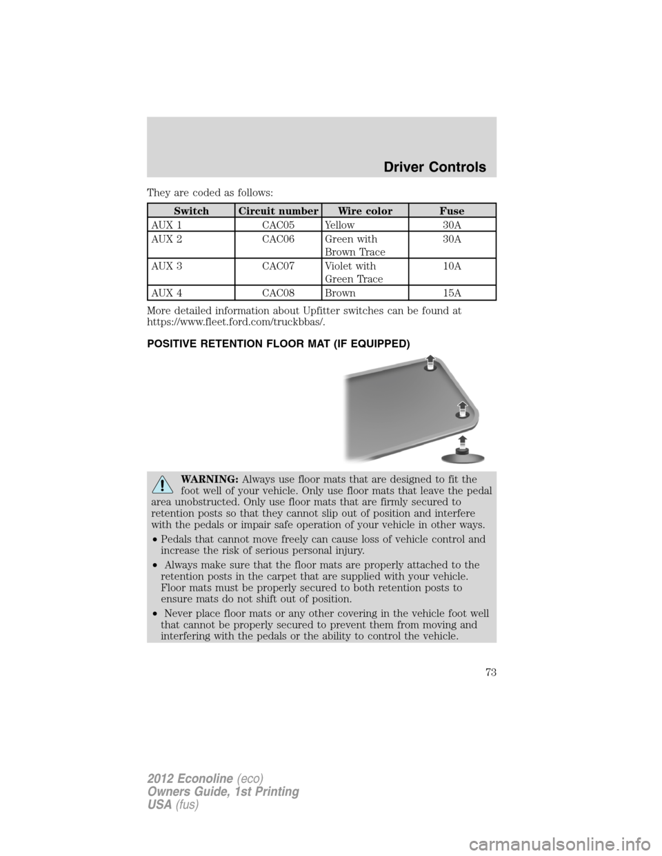 FORD E SERIES 2012 4.G Owners Manual They are coded as follows:
Switch Circuit number Wire color Fuse
AUX 1 CAC05 Yellow 30A
AUX 2 CAC06 Green with
Brown Trace30A
AUX 3 CAC07 Violet with
Green Trace10A
AUX 4 CAC08 Brown 15A
More detailed