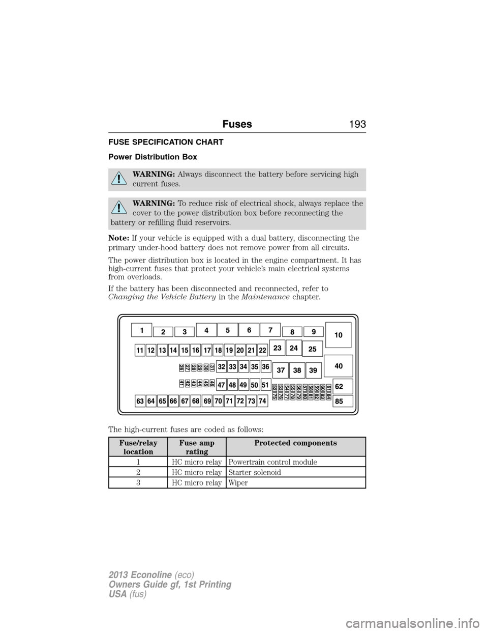 FORD E SERIES 2013 4.G Owners Manual FUSE SPECIFICATION CHART
Power Distribution Box
WARNING:Always disconnect the battery before servicing high
current fuses.
WARNING:To reduce risk of electrical shock, always replace the
cover to the p