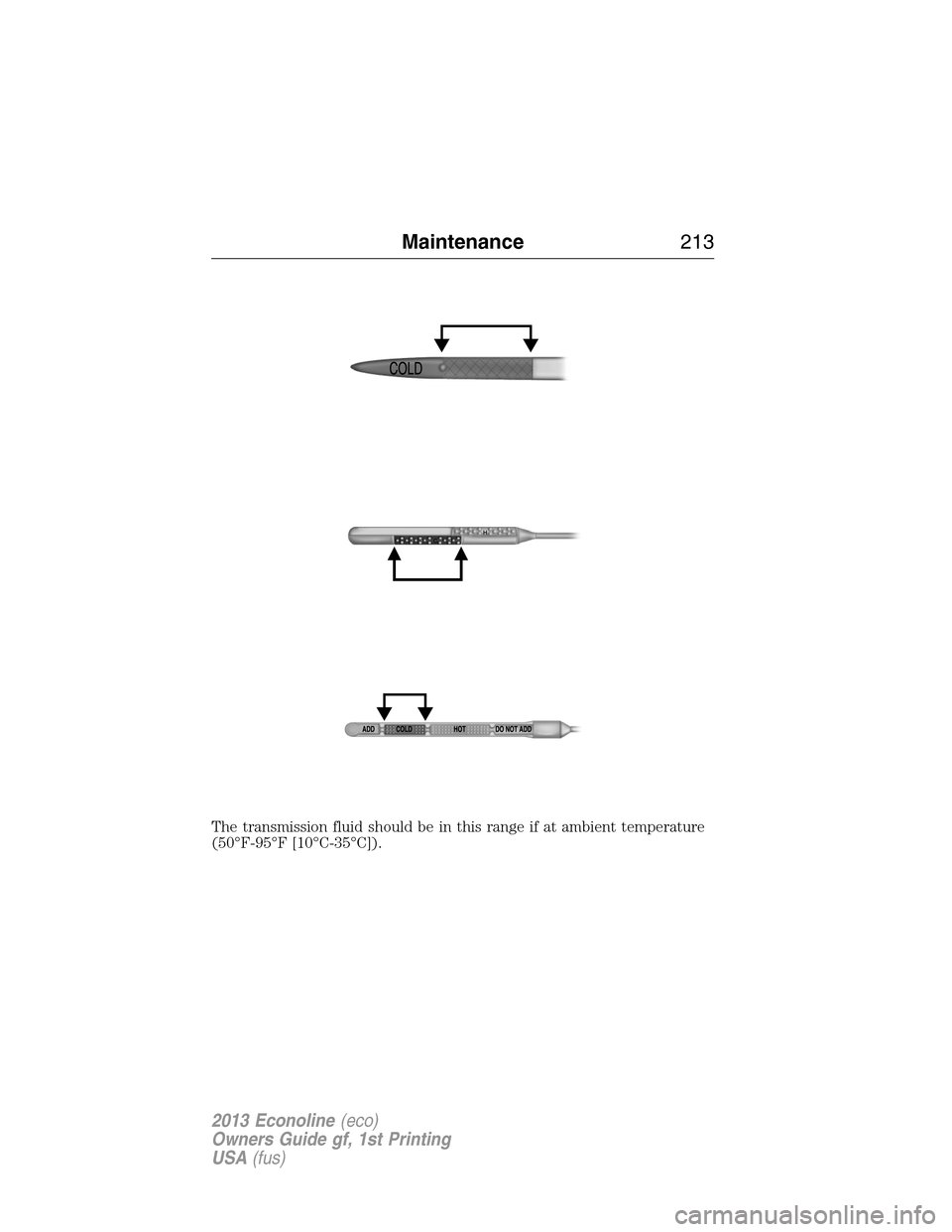 FORD E SERIES 2013 4.G Owners Manual The transmission fluid should be in this range if at ambient temperature
(50°F-95°F [10°C-35°C]).
Maintenance213
2013 Econoline(eco)
Owners Guide gf, 1st Printing
USA(fus) 
