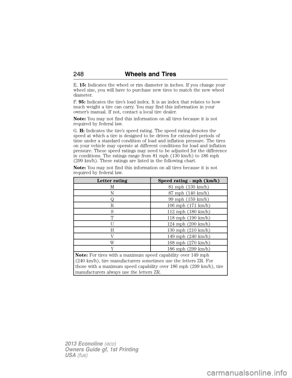 FORD E SERIES 2013 4.G Owners Manual E.15:Indicates the wheel or rim diameter in inches. If you change your
wheel size, you will have to purchase new tires to match the new wheel
diameter.
F.95:Indicates the tire’s load index. It is an