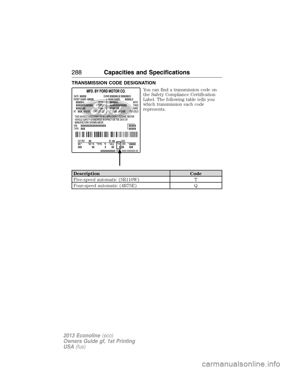 FORD E SERIES 2013 4.G Owners Manual TRANSMISSION CODE DESIGNATION
You can find a transmission code on
the Safety Compliance Certification
Label. The following table tells you
which transmission each code
represents.
Description Code
Fiv
