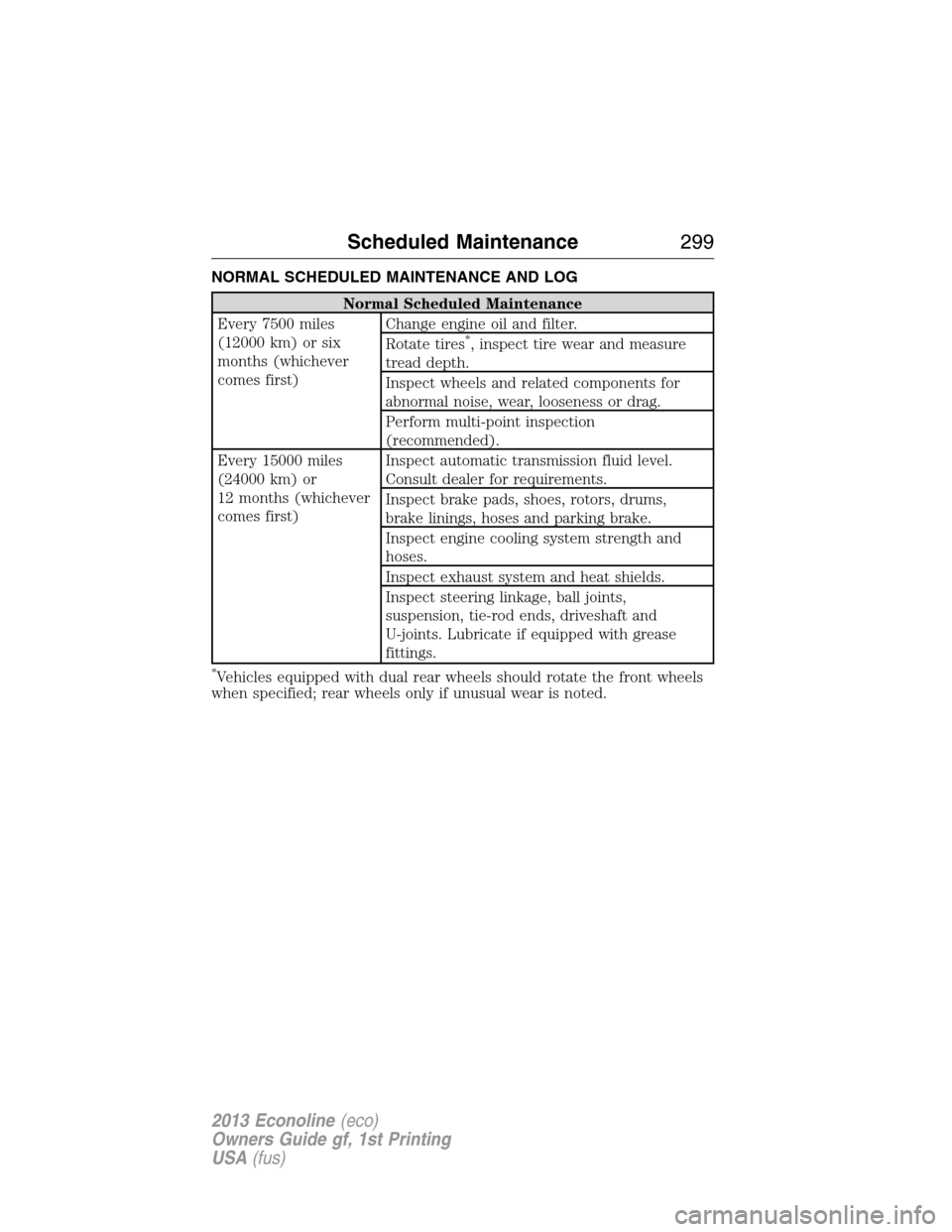 FORD E SERIES 2013 4.G Owners Manual NORMAL SCHEDULED MAINTENANCE AND LOG
Normal Scheduled Maintenance
Every 7500 miles
(12000 km) or six
months (whichever
comes first)Change engine oil and filter.
Rotate tires
*, inspect tire wear and m