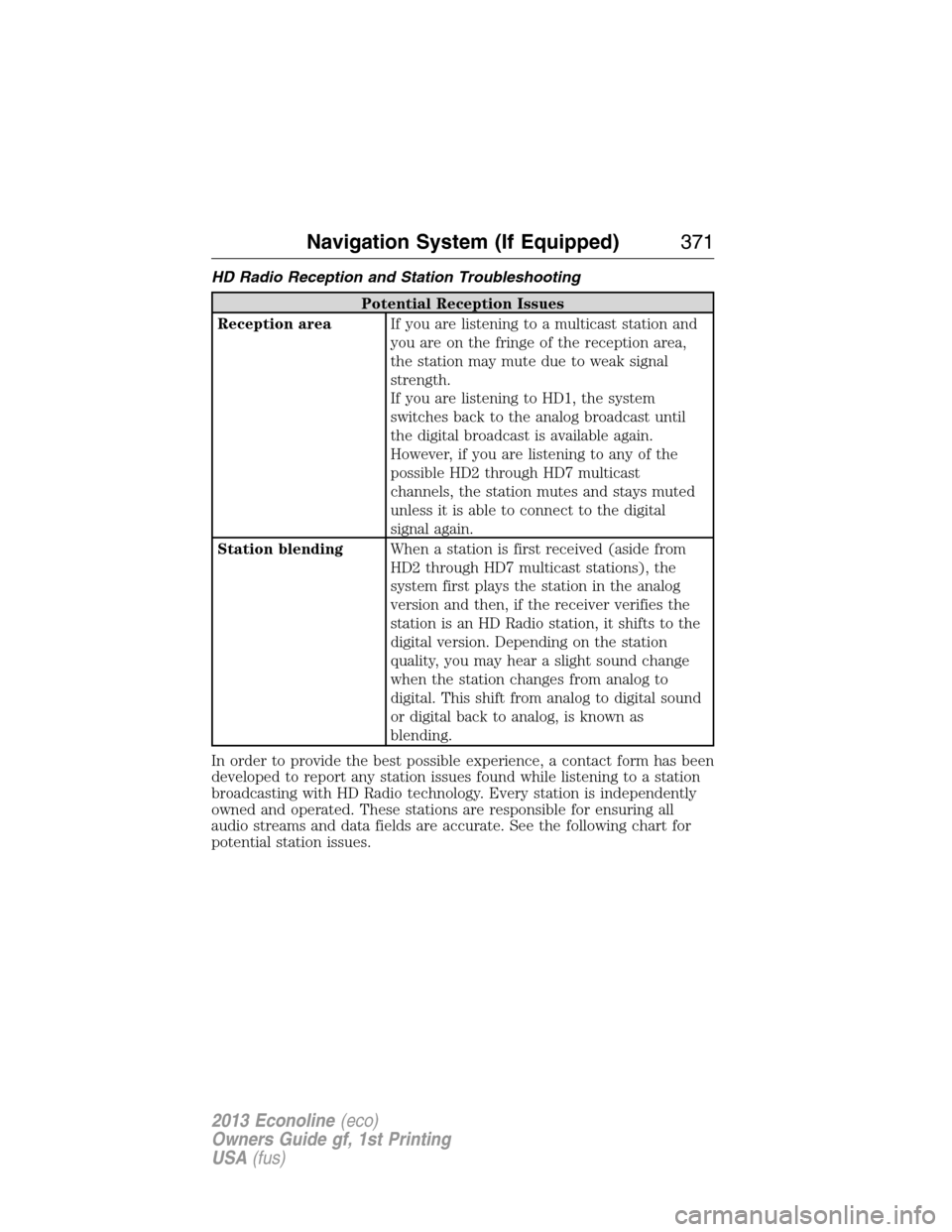 FORD E SERIES 2013 4.G Owners Manual HD Radio Reception and Station Troubleshooting
Potential Reception Issues
Reception areaIf you are listening to a multicast station and
you are on the fringe of the reception area,
the station may mut