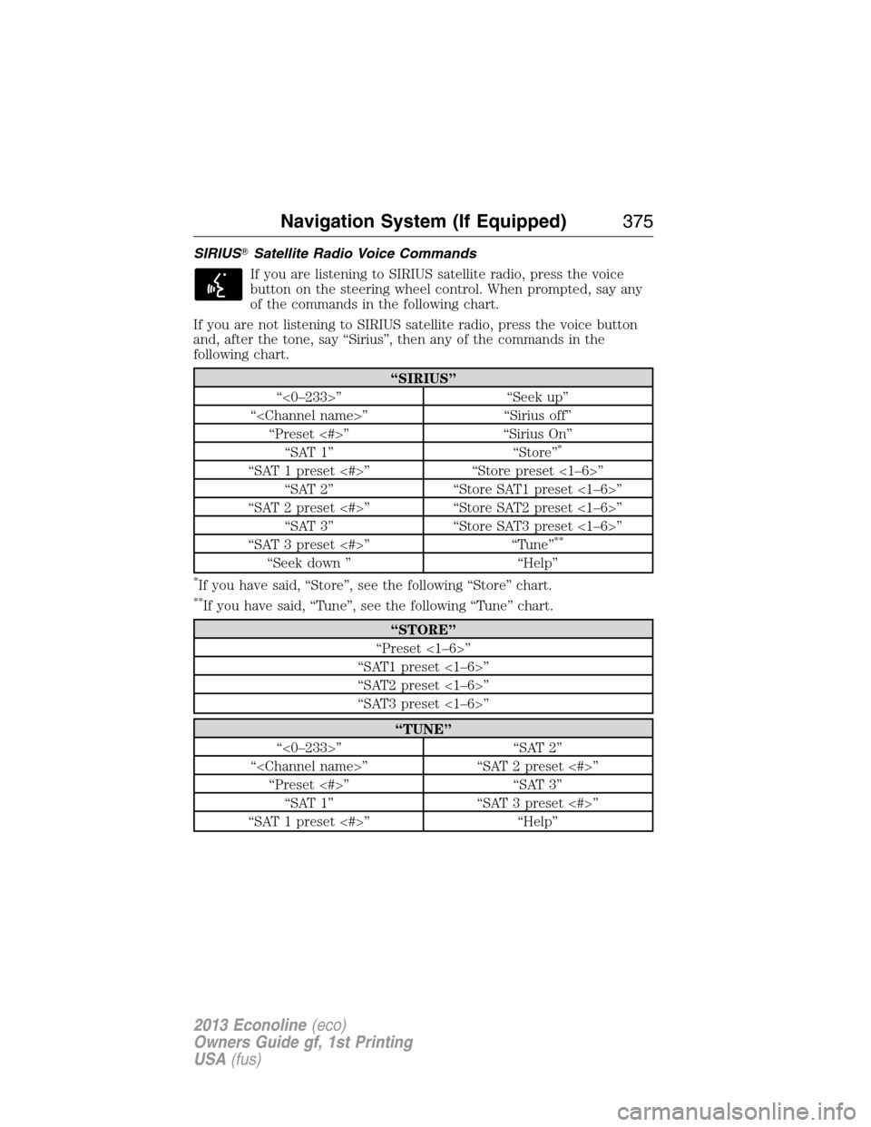 FORD E SERIES 2013 4.G Owners Manual SIRIUSSatellite Radio Voice Commands
If you are listening to SIRIUS satellite radio, press the voice
button on the steering wheel control. When prompted, say any
of the commands in the following char
