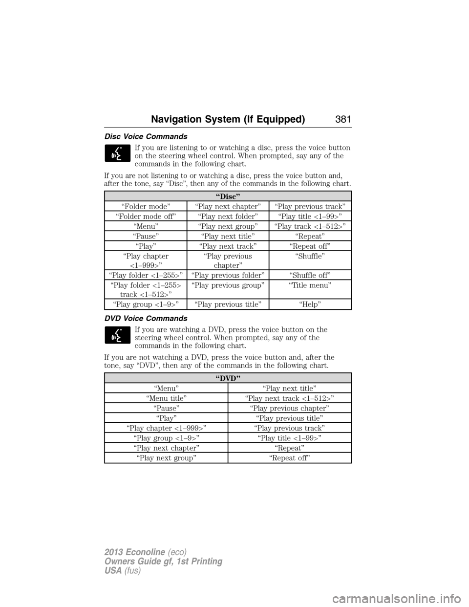 FORD E SERIES 2013 4.G Owners Guide Disc Voice Commands
If you are listening to or watching a disc, press the voice button
on the steering wheel control. When prompted, say any of the
commands in the following chart.
If you are not list