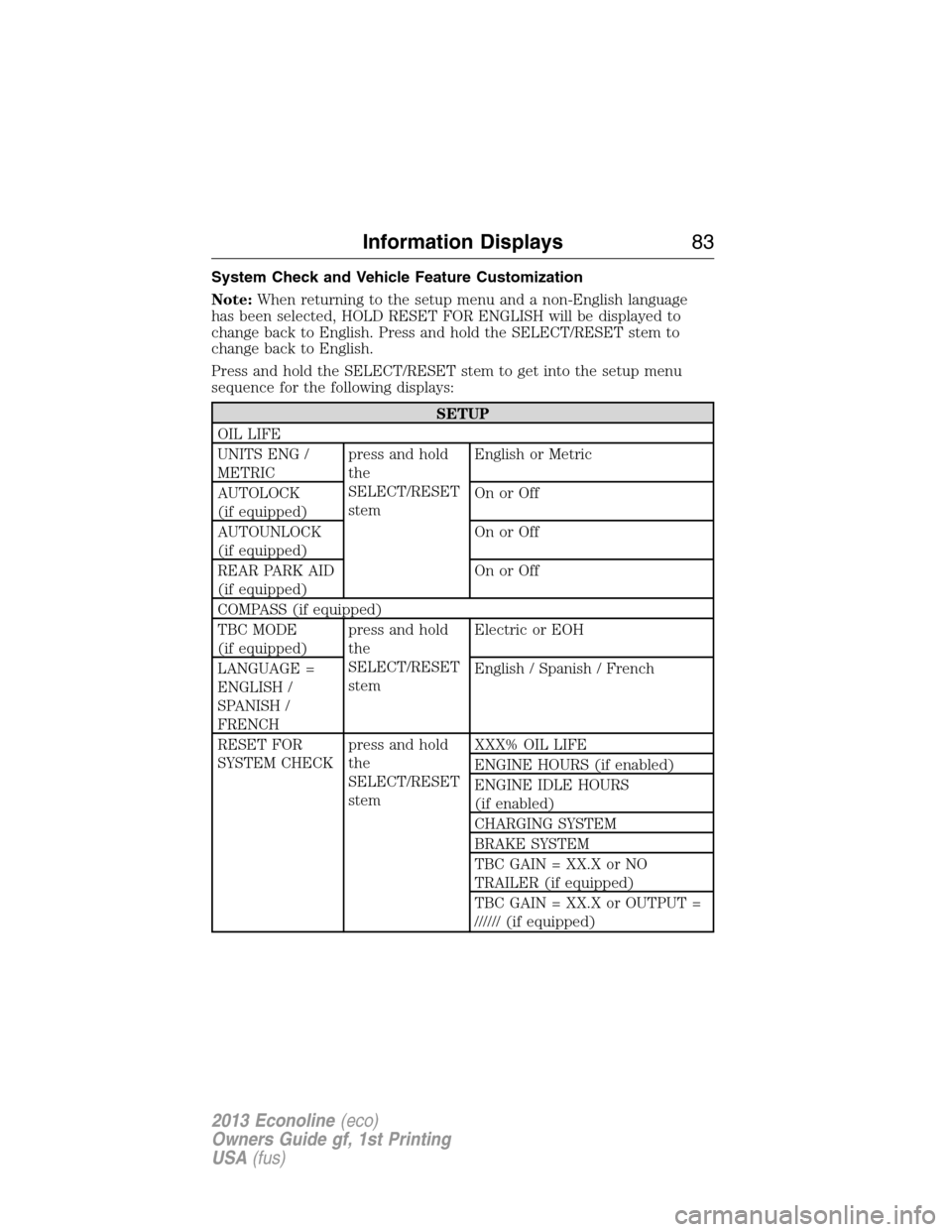 FORD E SERIES 2013 4.G Owners Manual System Check and Vehicle Feature Customization
Note:When returning to the setup menu and a non-English language
has been selected, HOLD RESET FOR ENGLISH will be displayed to
change back to English. P