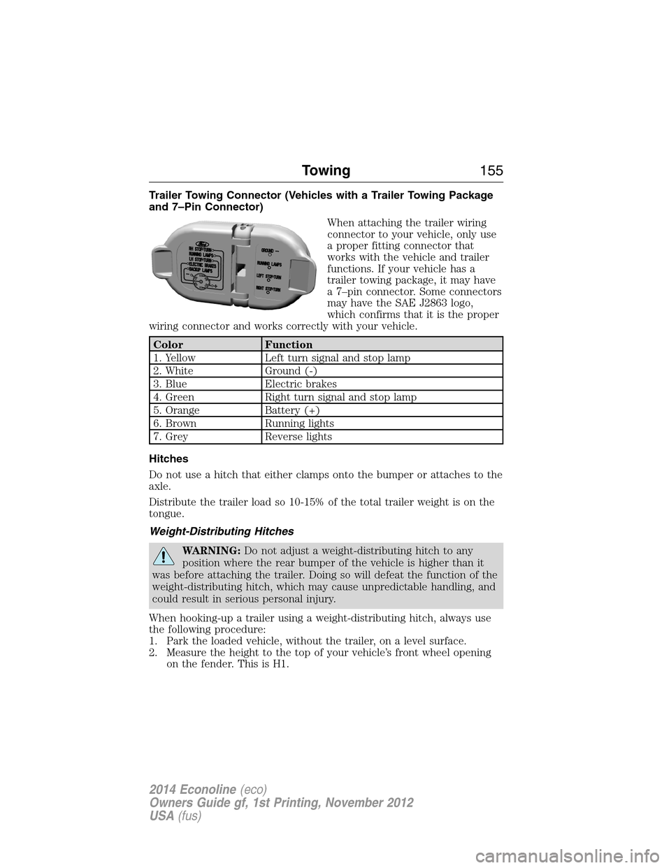 FORD E SERIES 2014 4.G User Guide Trailer Towing Connector (Vehicles with a Trailer Towing Package
and 7–Pin Connector)
When attaching the trailer wiring
connector to your vehicle, only use
a proper fitting connector that
works with