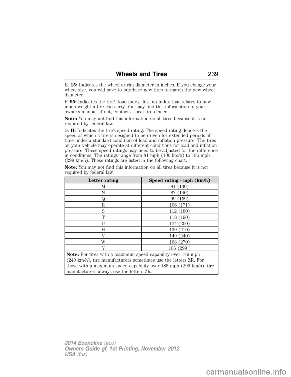 FORD E SERIES 2014 4.G Owners Manual E.15:Indicates the wheel or rim diameter in inches. If you change your
wheel size, you will have to purchase new tires to match the new wheel
diameter.
F.95:Indicates the tire’s load index. It is an