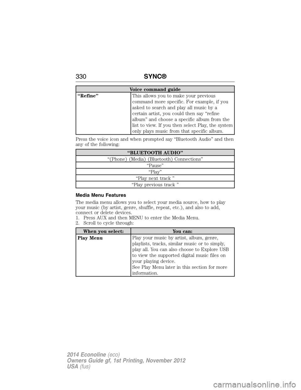 FORD E SERIES 2014 4.G Owners Manual Voice command guide
“Refine”This allows you to make your previous
command more specific. For example, if you
asked to search and play all music by a
certain artist, you could then say “refine
al FORD E SERIES 2014 4.G Owners Manual Voice command guide
“Refine”This allows you to make your previous
command more specific. For example, if you
asked to search and play all music by a
certain artist, you could then say “refine
al