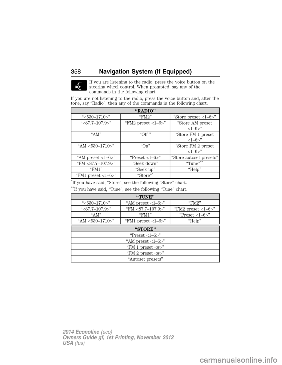 FORD E SERIES 2014 4.G Owners Manual If you are listening to the radio, press the voice button on the
steering wheel control. When prompted, say any of the
commands in the following chart.
If you are not listening to the radio, press the