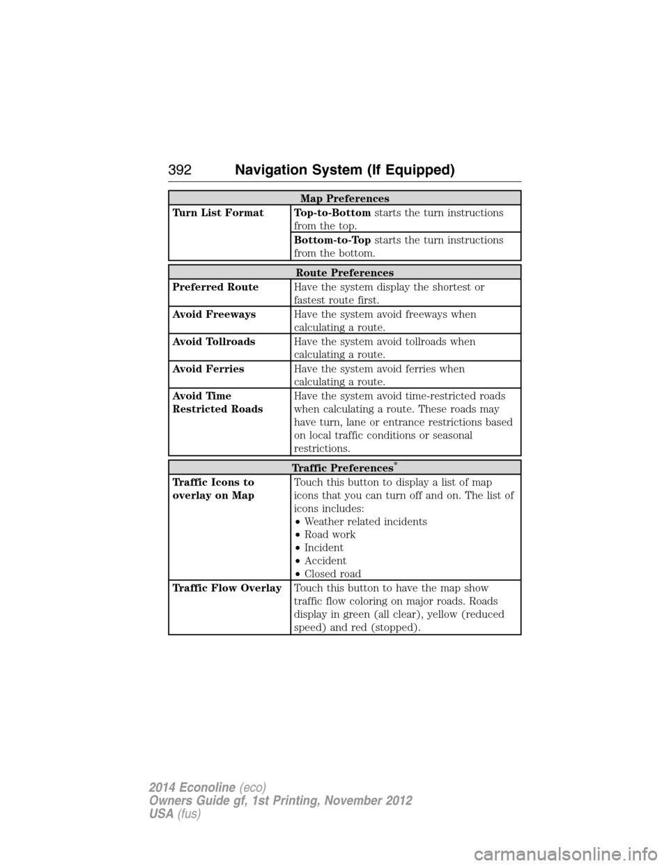FORD E SERIES 2014 4.G Owners Manual Map Preferences
Turn List Format Top-to-Bottomstarts the turn instructions
from the top.
Bottom-to-Topstarts the turn instructions
from the bottom.
Route Preferences
Preferred RouteHave the system dis FORD E SERIES 2014 4.G Owners Manual Map Preferences
Turn List Format Top-to-Bottomstarts the turn instructions
from the top.
Bottom-to-Topstarts the turn instructions
from the bottom.
Route Preferences
Preferred RouteHave the system dis