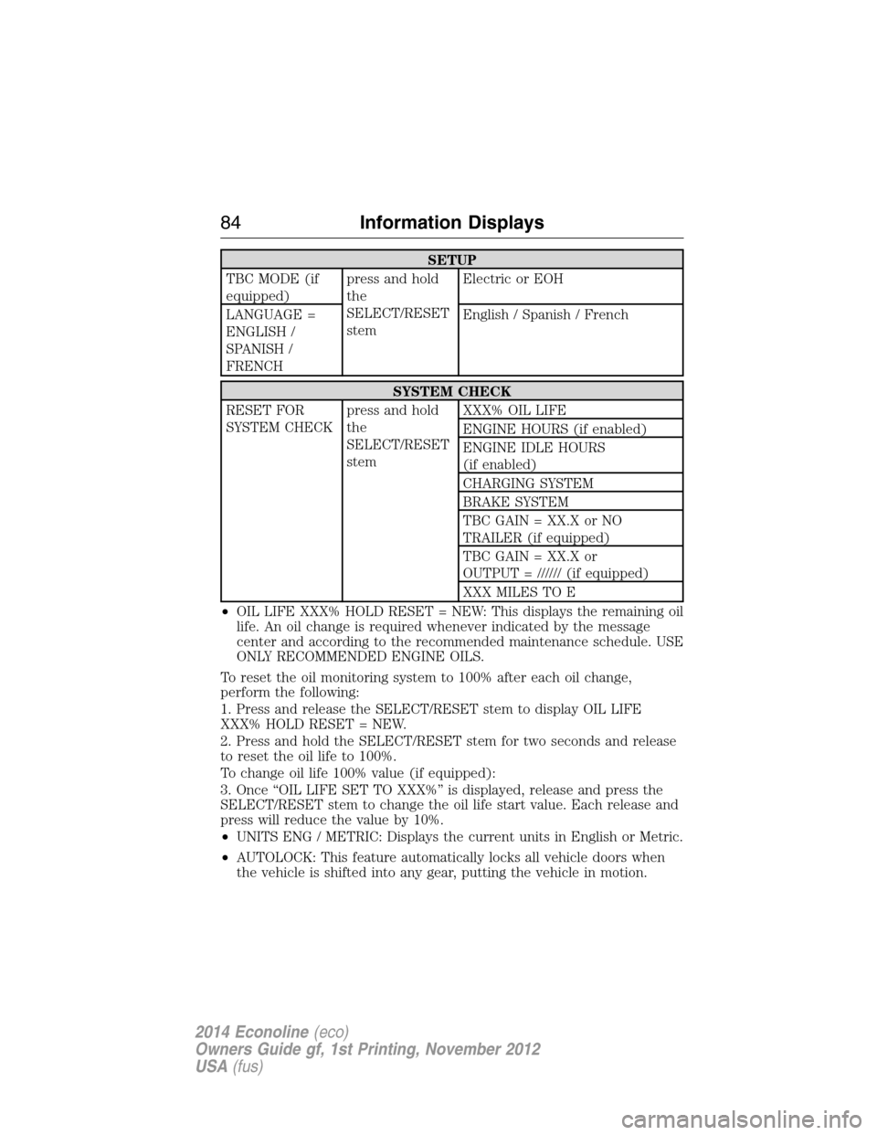 FORD E SERIES 2014 4.G Owners Manual SETUP
TBC MODE (if
equipped)press and hold
the
SELECT/RESET
stemElectric or EOH
LANGUAGE =
ENGLISH /
SPANISH /
FRENCHEnglish / Spanish / French
SYSTEM CHECK
RESET FOR
SYSTEM CHECKpress and hold
the
SE