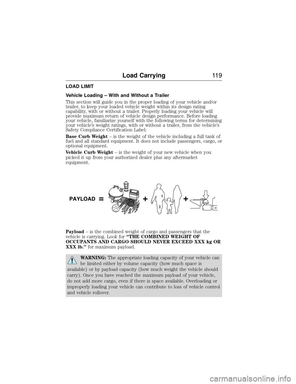 FORD E SERIES 2015 4.G Owners Manual LOAD LIMIT
Vehicle Loading – With and Without a Trailer
This section will guide you in the proper loading of your vehicle and/or
trailer, to keep your loaded vehicle weight within its design rating
