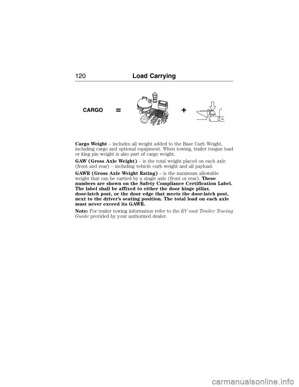 FORD E SERIES 2015 4.G Owners Manual Cargo Weight– includes all weight added to the Base Curb Weight,
including cargo and optional equipment. When towing, trailer tongue load
or king pin weight is also part of cargo weight.
GAW (Gross FORD E SERIES 2015 4.G Owners Manual Cargo Weight– includes all weight added to the Base Curb Weight,
including cargo and optional equipment. When towing, trailer tongue load
or king pin weight is also part of cargo weight.
GAW (Gross
