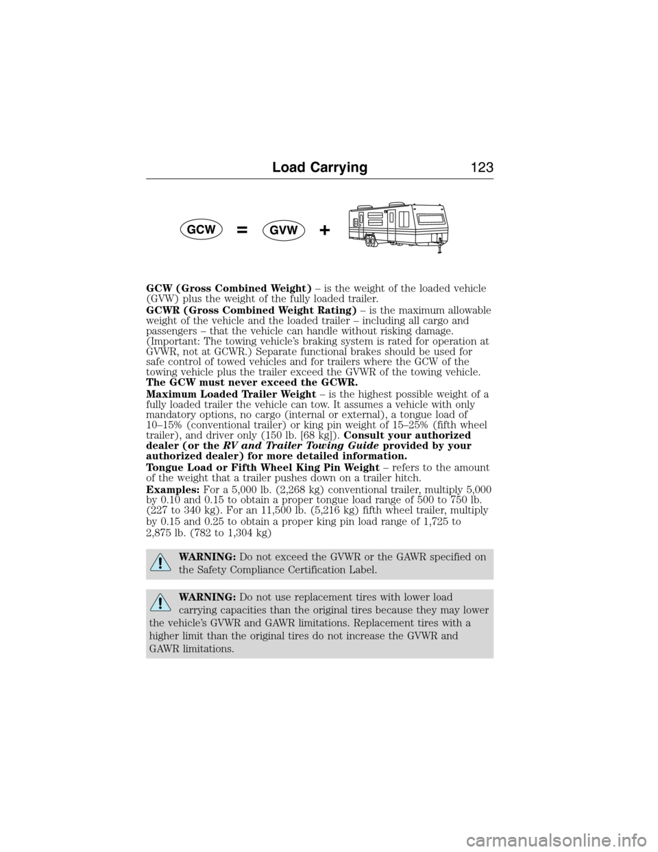 FORD E SERIES 2015 4.G Owners Manual GCW (Gross Combined Weight)– is the weight of the loaded vehicle
(GVW) plus the weight of the fully loaded trailer.
GCWR (Gross Combined Weight Rating)– is the maximum allowable
weight of the vehi