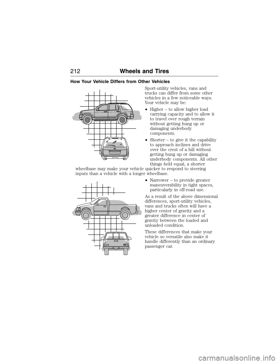 FORD E SERIES 2015 4.G Owners Manual How Your Vehicle Differs from Other Vehicles
Sport-utility vehicles, vans and
trucks can differ from some other
vehicles in a few noticeable ways.
Your vehicle may be:
•Higher – to allow higher lo FORD E SERIES 2015 4.G Owners Manual How Your Vehicle Differs from Other Vehicles
Sport-utility vehicles, vans and
trucks can differ from some other
vehicles in a few noticeable ways.
Your vehicle may be:
•Higher – to allow higher lo