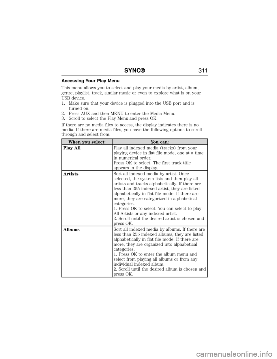 FORD E SERIES 2015 4.G Service Manual Accessing Your Play Menu
This menu allows you to select and play your media by artist, album,
genre, playlist, track, similar music or even to explore what is on your
USB device.
1. Make sure that you