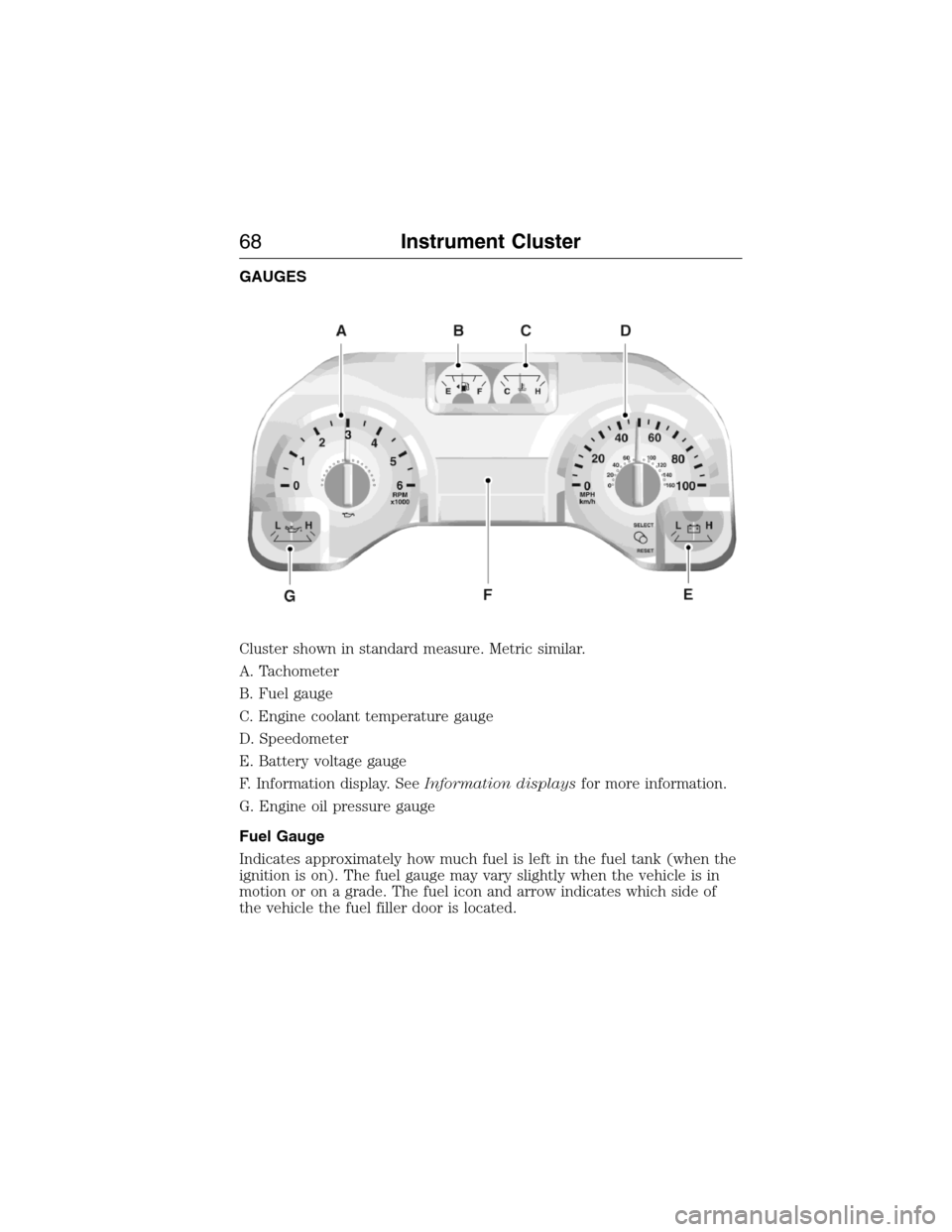 FORD E SERIES 2015 4.G Owners Manual GAUGES
Cluster shown in standard measure. Metric similar.
A. Tachometer
B. Fuel gauge
C. Engine coolant temperature gauge
D. Speedometer
E. Battery voltage gauge
F. Information display. SeeInformation