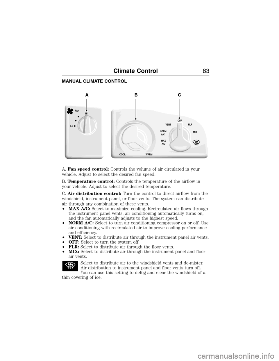 FORD E SERIES 2015 4.G Owners Manual MANUAL CLIMATE CONTROL
A.Fan speed control:Controls the volume of air circulated in your
vehicle. Adjust to select the desired fan speed.
B.Temperature control:Controls the temperature of the airflow 