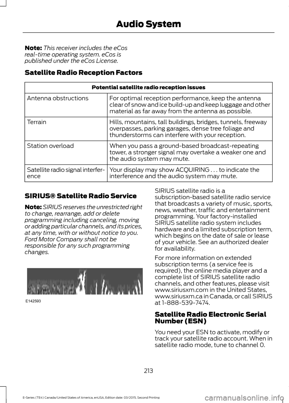 FORD E SERIES 2016 4.G Owners Manual Note:
This receiver includes the eCos
real-time operating system. eCos is
published under the eCos License.
Satellite Radio Reception Factors Potential satellite radio reception issues
For optimal rec FORD E SERIES 2016 4.G Owners Manual Note:
This receiver includes the eCos
real-time operating system. eCos is
published under the eCos License.
Satellite Radio Reception Factors Potential satellite radio reception issues
For optimal rec